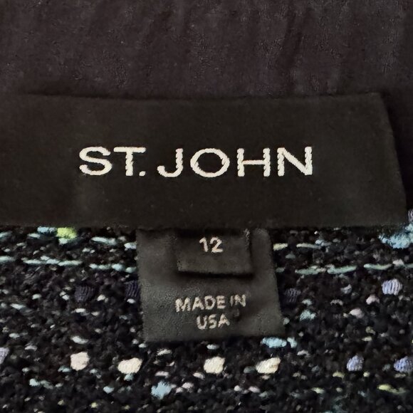 St. John Cropped Tweed Evening Jacket Sz 12 Blue, Teal, & Black 3/4 Sleeve - Picture 4 of 7